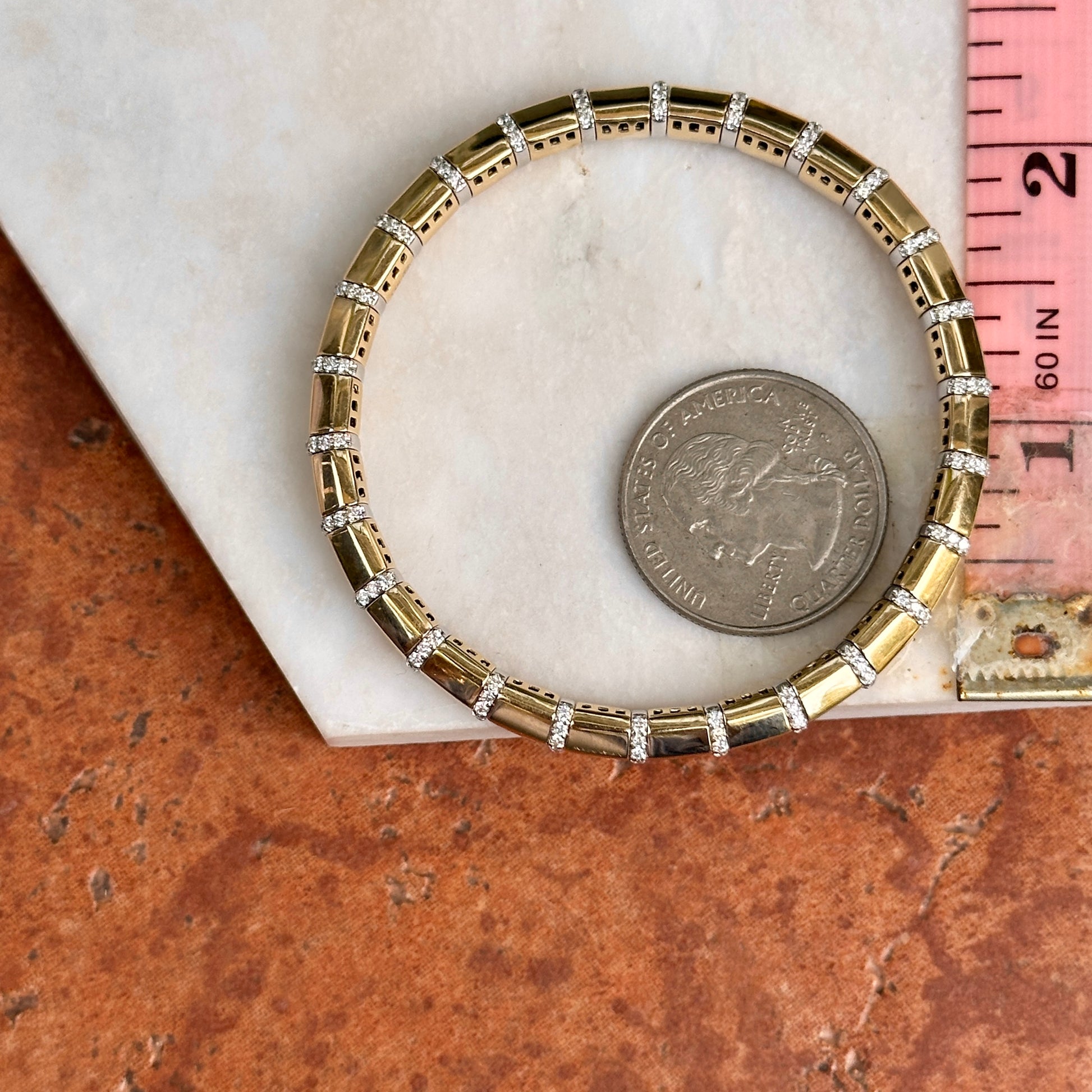 Estate 14KT Yellow Gold Round Diamond Segmented Stretchy Bracelet - LSJ