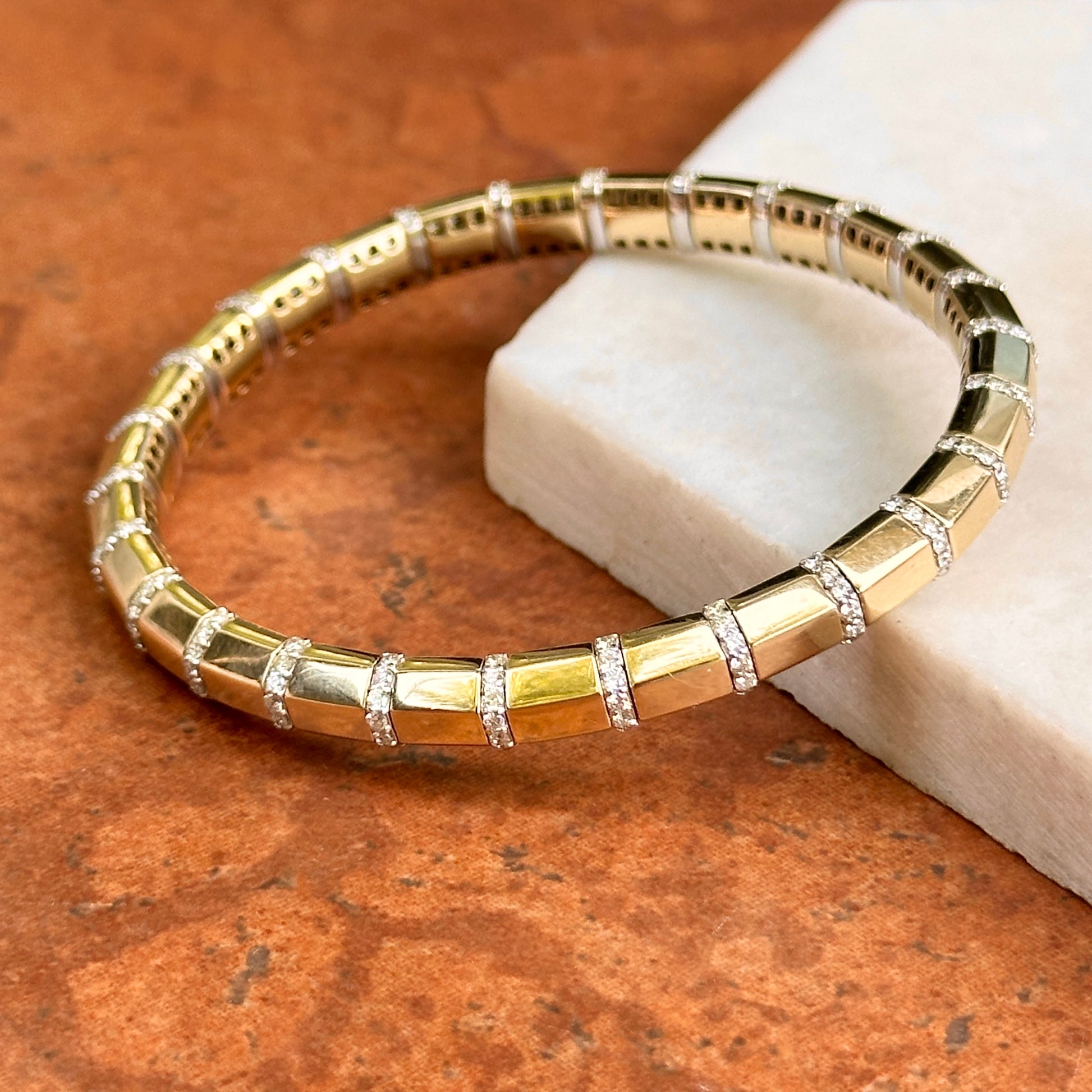 Estate 14KT Yellow Gold Round Diamond Segmented Stretchy Bracelet - LSJ