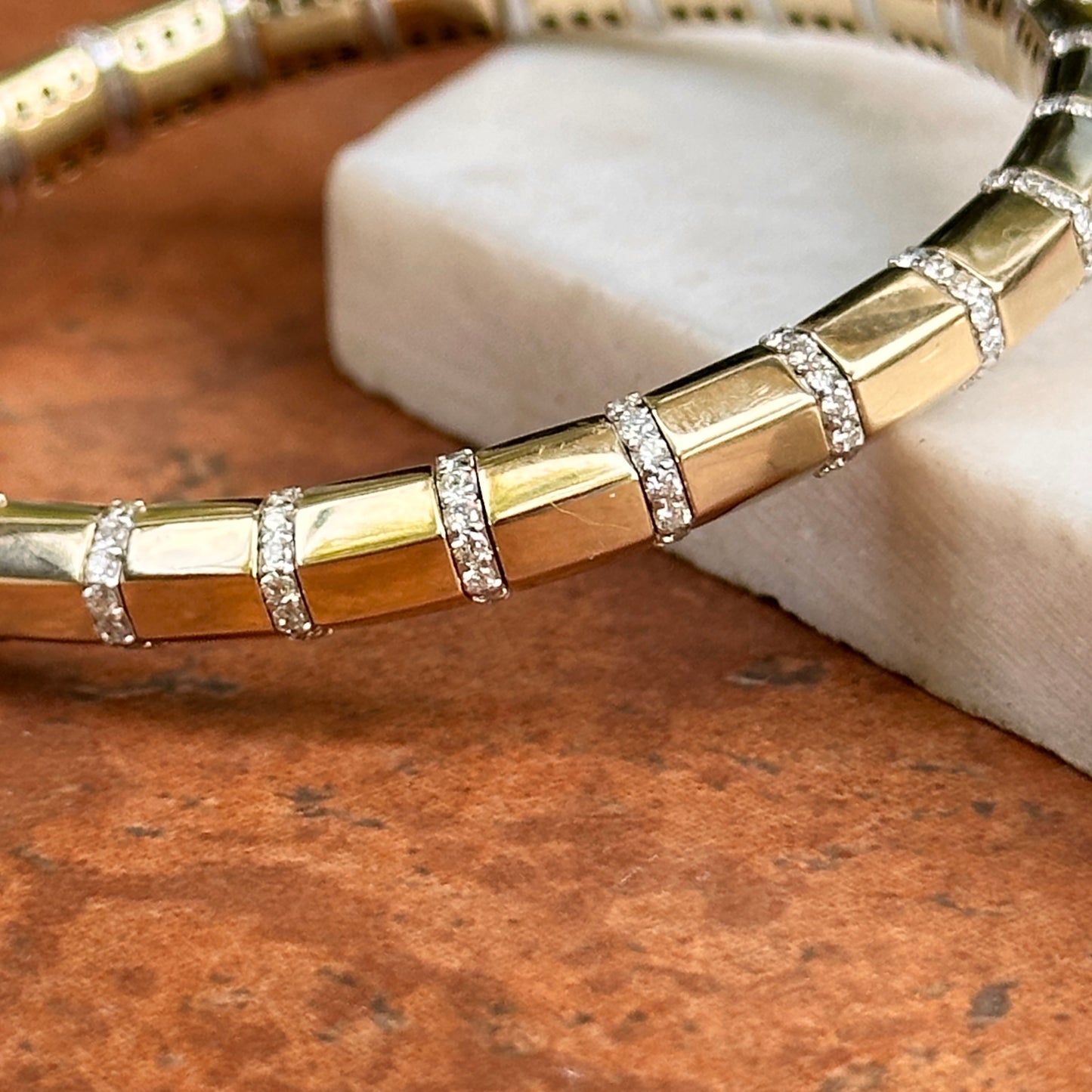 Estate 14KT Yellow Gold Round Diamond Segmented Stretchy Bracelet - LSJ