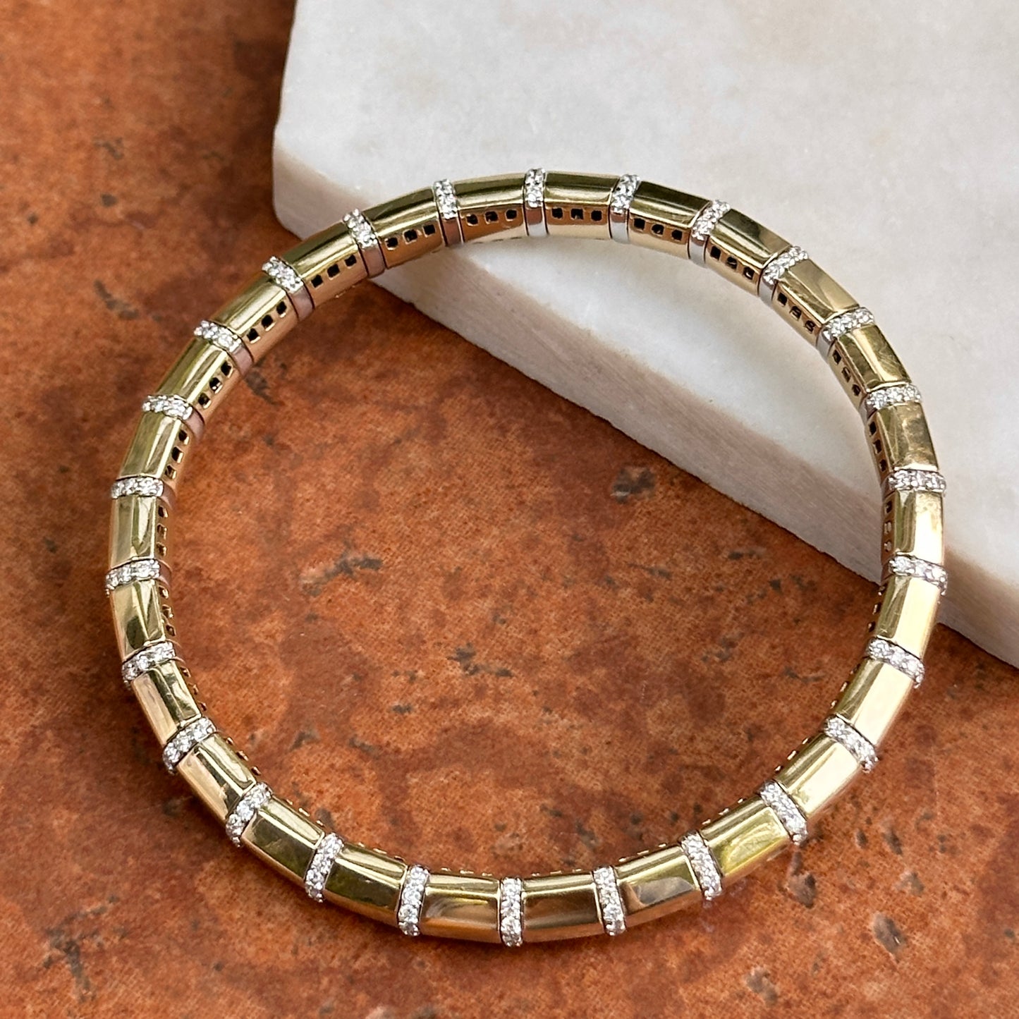 Estate 14KT Yellow Gold Round Diamond Segmented Stretchy Bracelet - LSJ