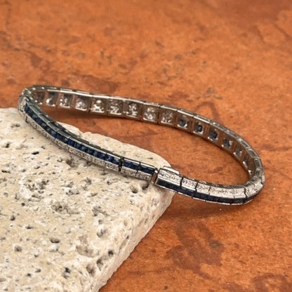 Estate Platinum Blue Sapphire + Diamond Art Deco Tennis Bracelet