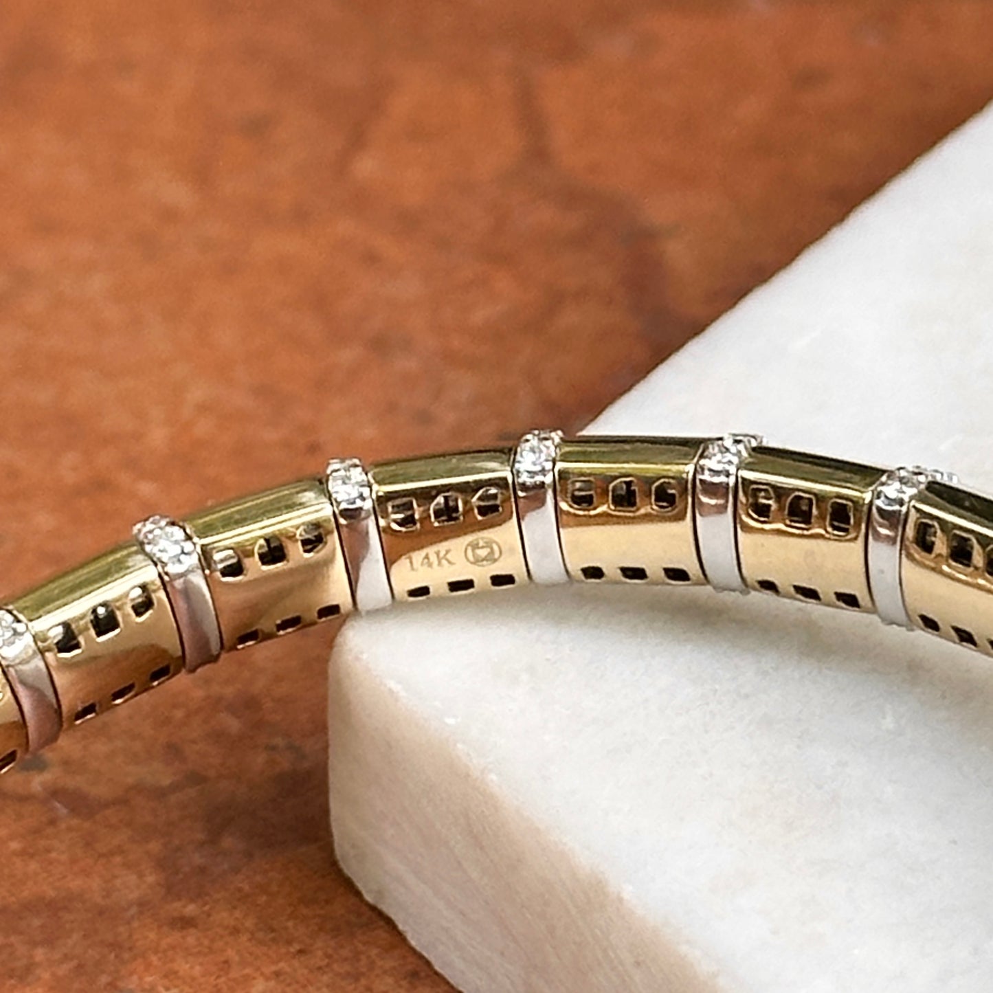 Estate 14KT Yellow Gold Round Diamond Segmented Stretchy Bracelet - LSJ