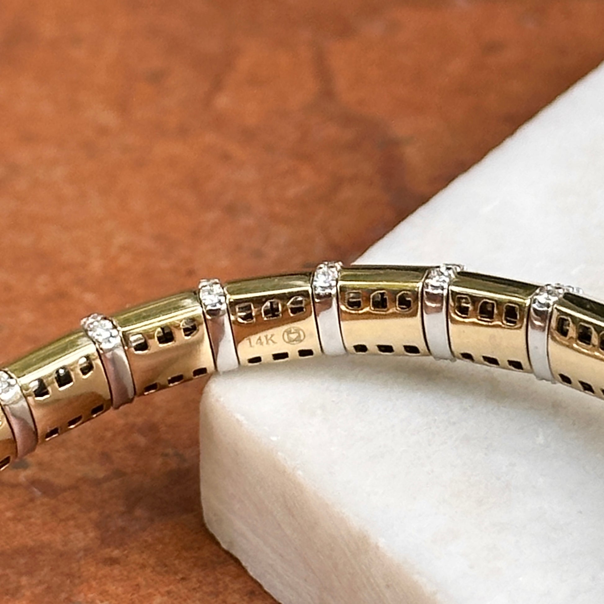 Estate 14KT Yellow Gold Round Diamond Segmented Stretchy Bracelet - LSJ