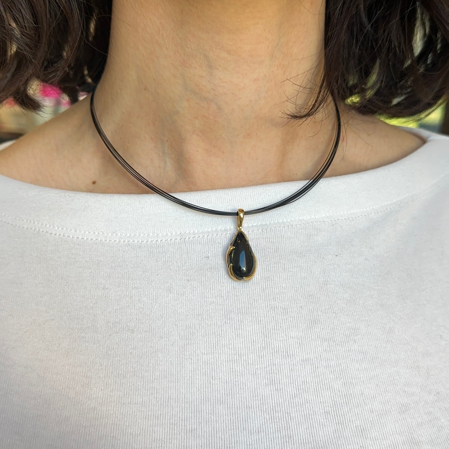 Estate 14KT Yellow Gold Detailed Black Onyx Teardrop Pendant Slide