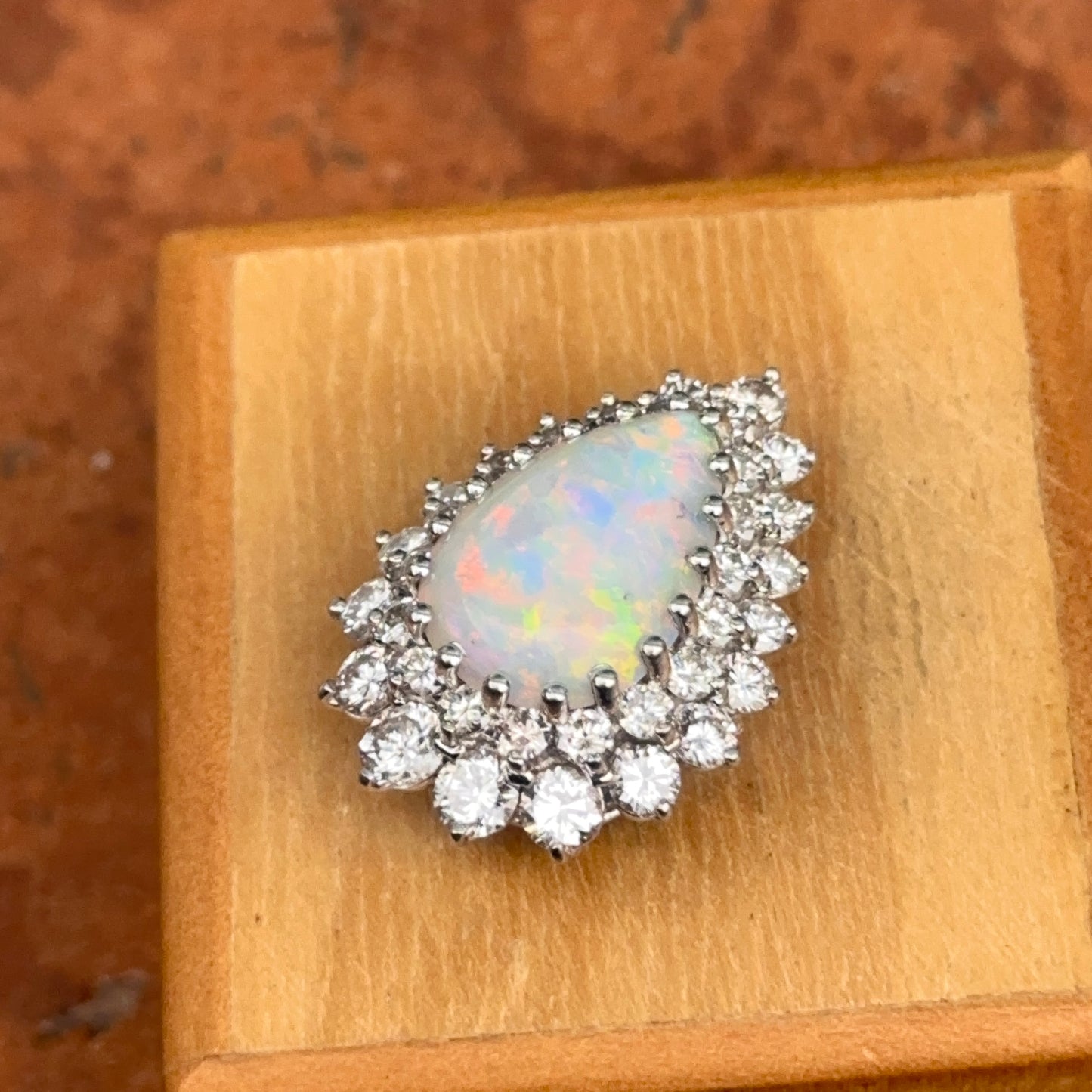 Estate 18KT White Gold Pear Opal + Double Diamond Halo Pendant Slide
