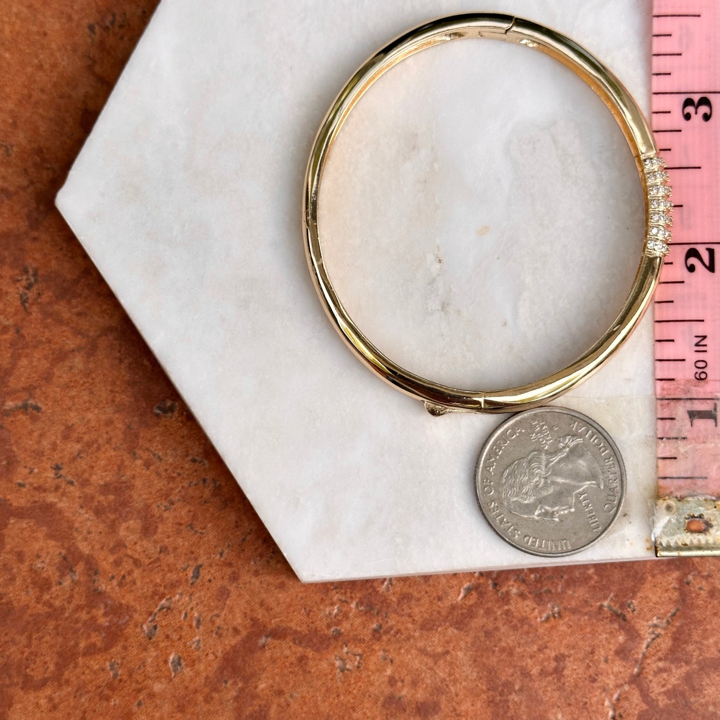 Yellow Gold-Plated Round Cubic Zirconia Hinged Bangle Bracelet