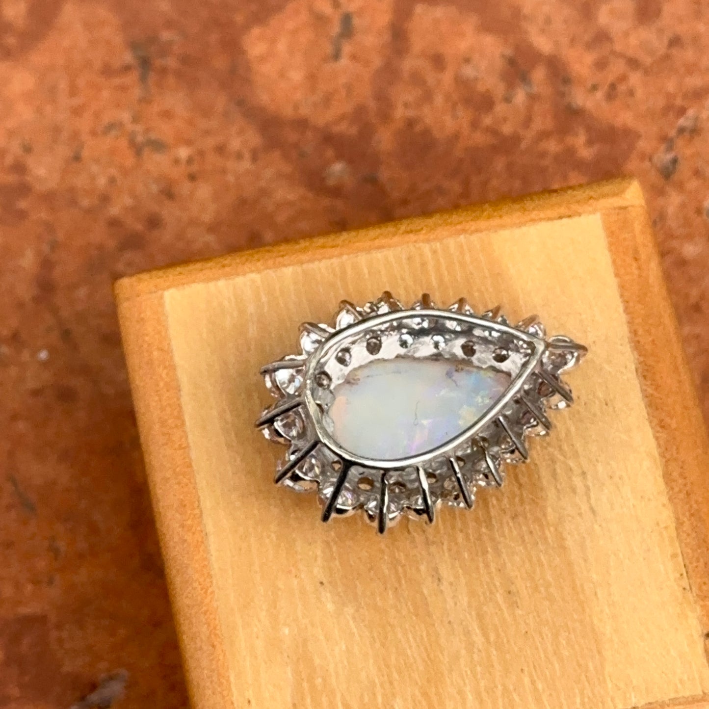 Estate 18KT White Gold Pear Opal + Double Diamond Halo Pendant Slide