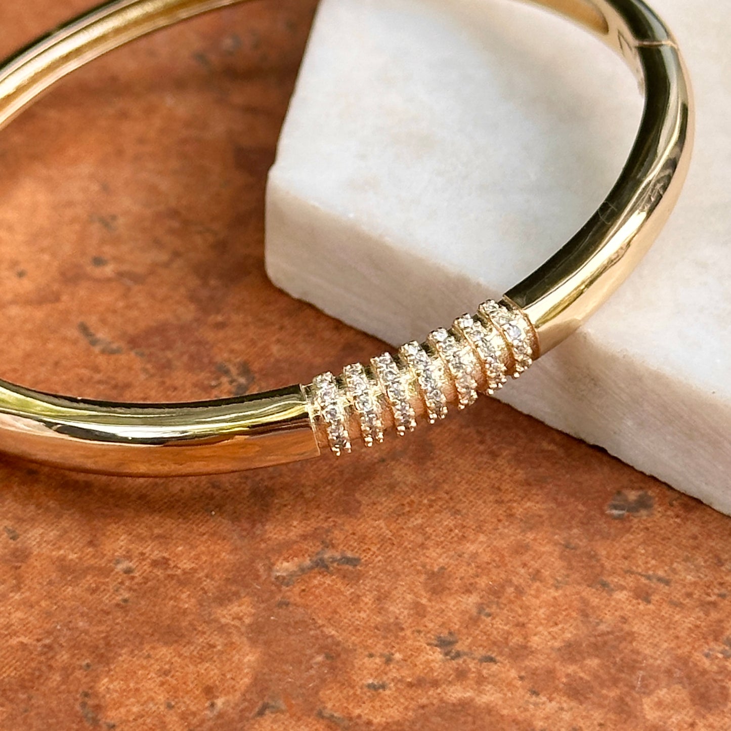 Yellow Gold-Plated Round Cubic Zirconia Hinged Bangle Bracelet