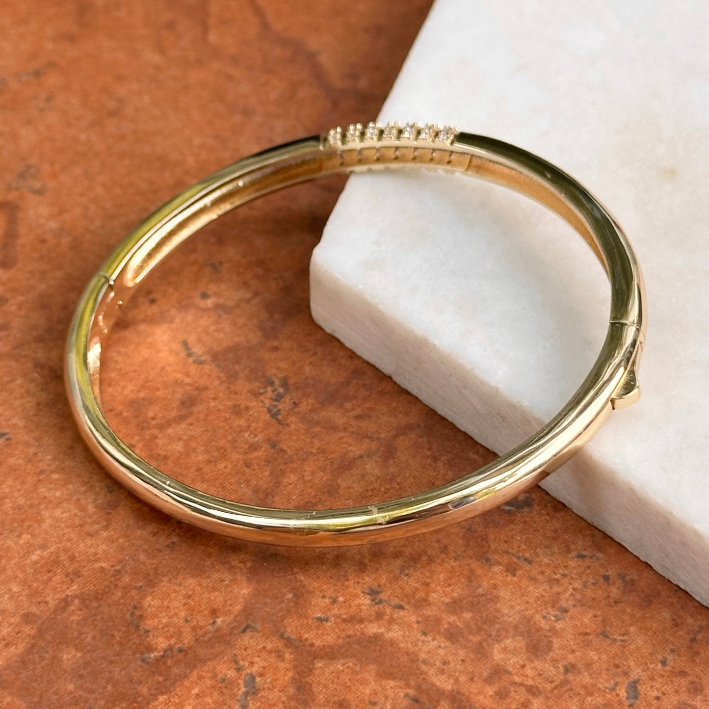 Yellow Gold-Plated Round Cubic Zirconia Hinged Bangle Bracelet