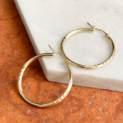 14KT Yellow Gold Matte + Diamond-Cut Round Hoop Earrings 30mm