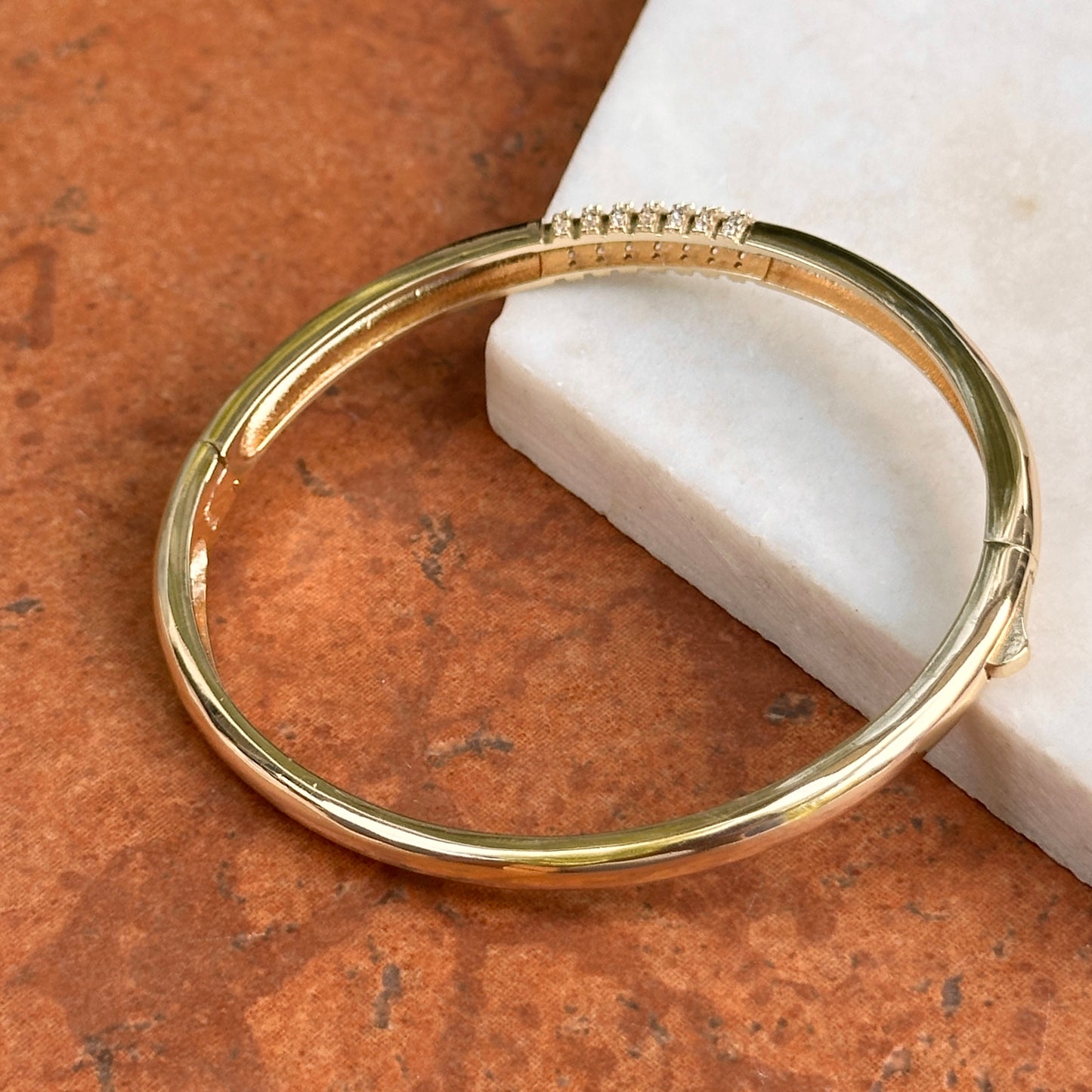 Yellow Gold-Plated Round Cubic Zirconia Hinged Bangle Bracelet