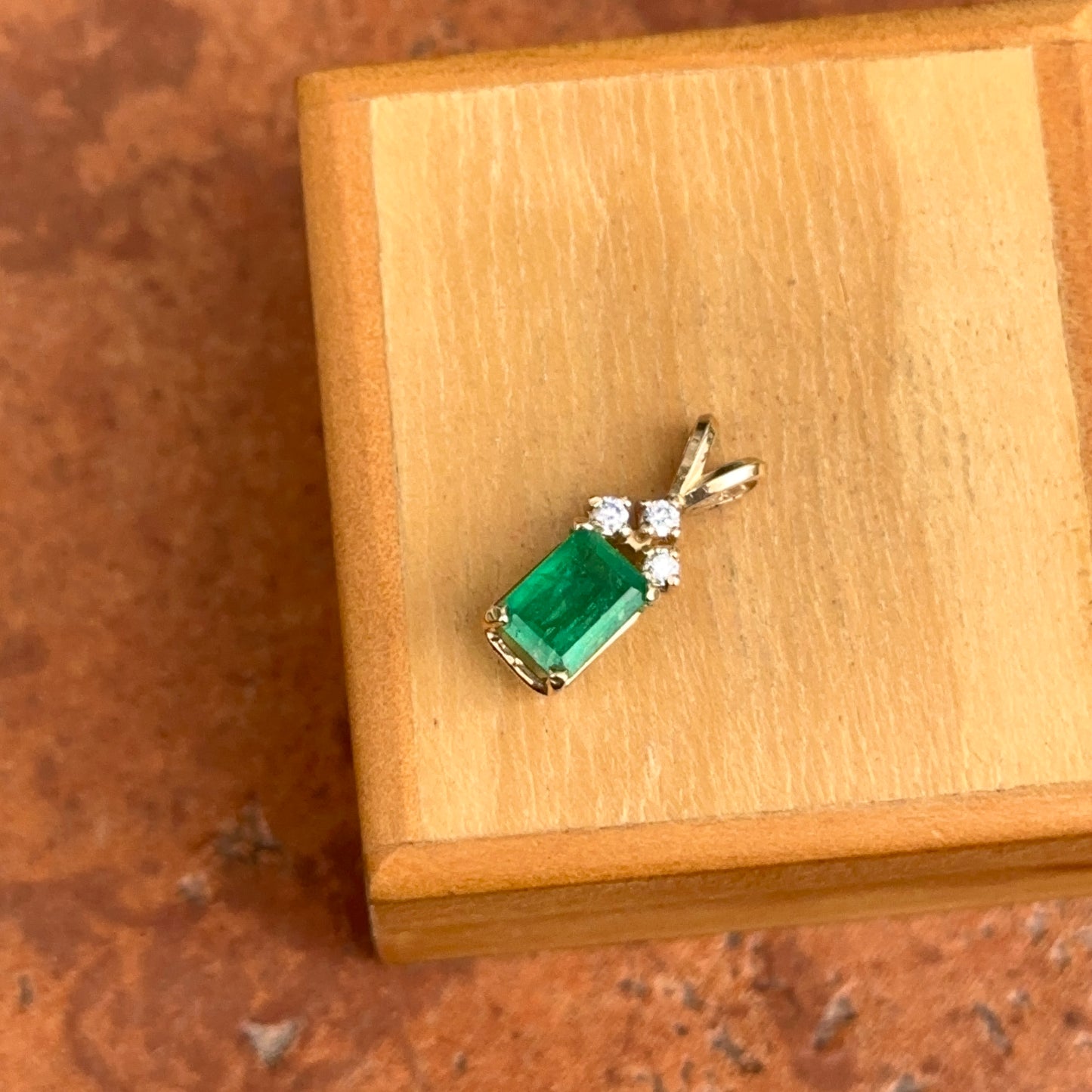 Estate 14KT Yellow Gold Emerald-Cut Emerald + Diamond Pendant