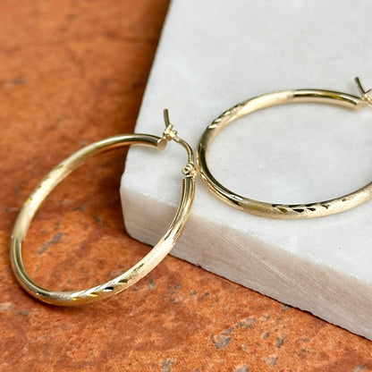 14KT Yellow Gold Matte + Diamond-Cut Round Hoop Earrings 30mm