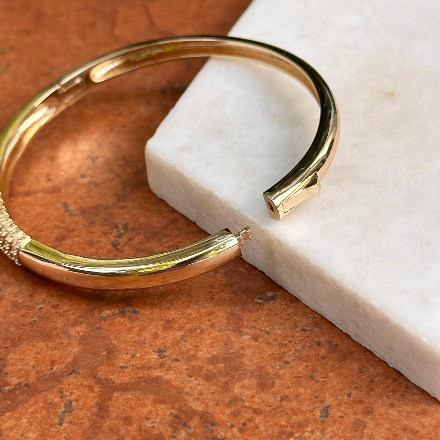 Yellow Gold-Plated Round Cubic Zirconia Hinged Bangle Bracelet