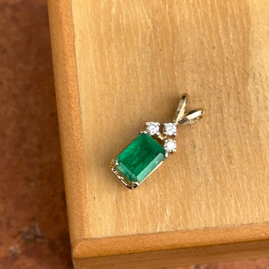 Estate 14KT Yellow Gold Emerald-Cut Emerald + Diamond Pendant
