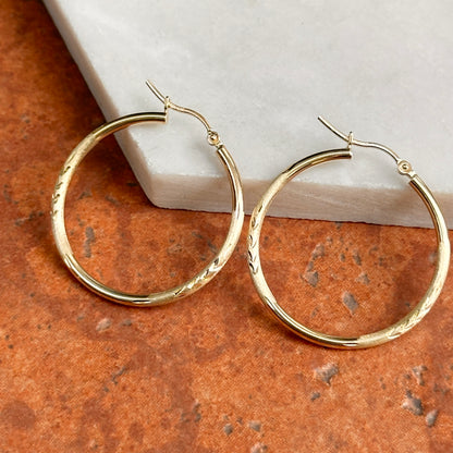 14KT Yellow Gold Matte + Diamond-Cut Round Hoop Earrings 30mm