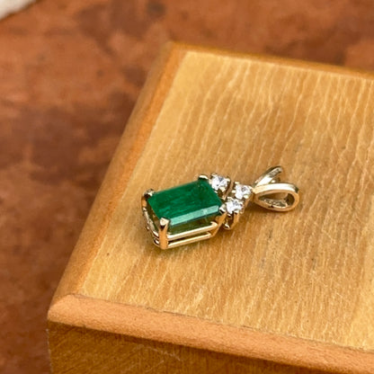Estate 14KT Yellow Gold Emerald-Cut Emerald + Diamond Pendant