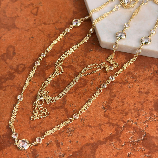 Yellow Gold-Plated Round Checkerboard Cubic Zirconia Three-Strand Necklace
