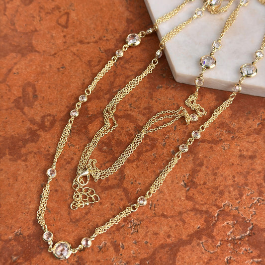 Yellow Gold-Plated Round Checkerboard Cubic Zirconia Three-Strand Necklace