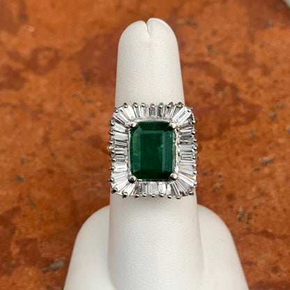 Estate 14KT Yellow + White Gold Emerald-Cut Emerald + Ballerina Diamond Ring