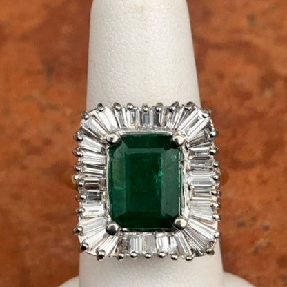 Estate 14KT Yellow + White Gold Emerald-Cut Emerald + Ballerina Diamond Ring