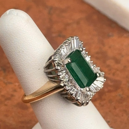 Estate 14KT Yellow + White Gold Emerald-Cut Emerald + Ballerina Diamond Ring