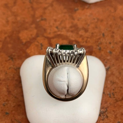 Estate 14KT Yellow + White Gold Emerald-Cut Emerald + Ballerina Diamond Ring