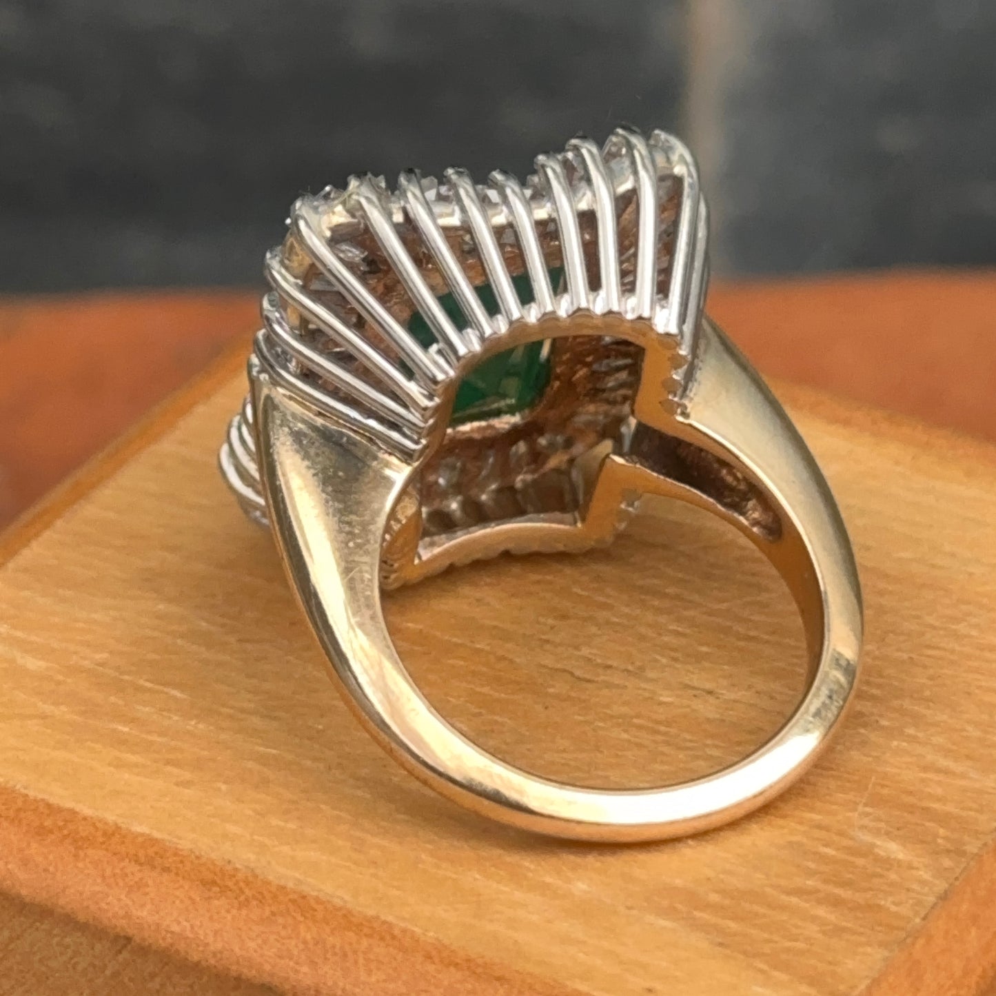 Estate 14KT Yellow + White Gold Emerald-Cut Emerald + Ballerina Diamond Ring