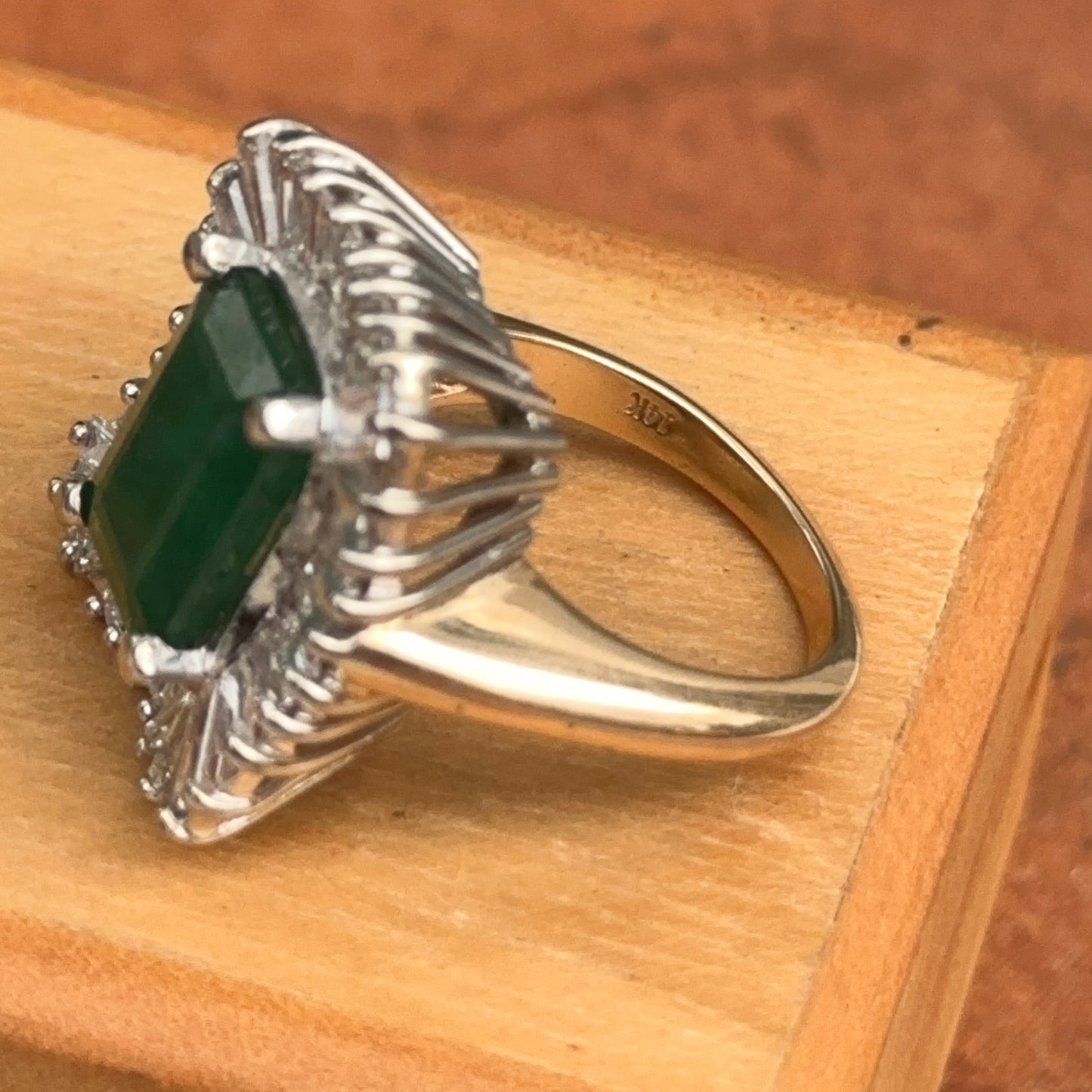 Estate 14KT Yellow + White Gold Emerald-Cut Emerald + Ballerina Diamond Ring