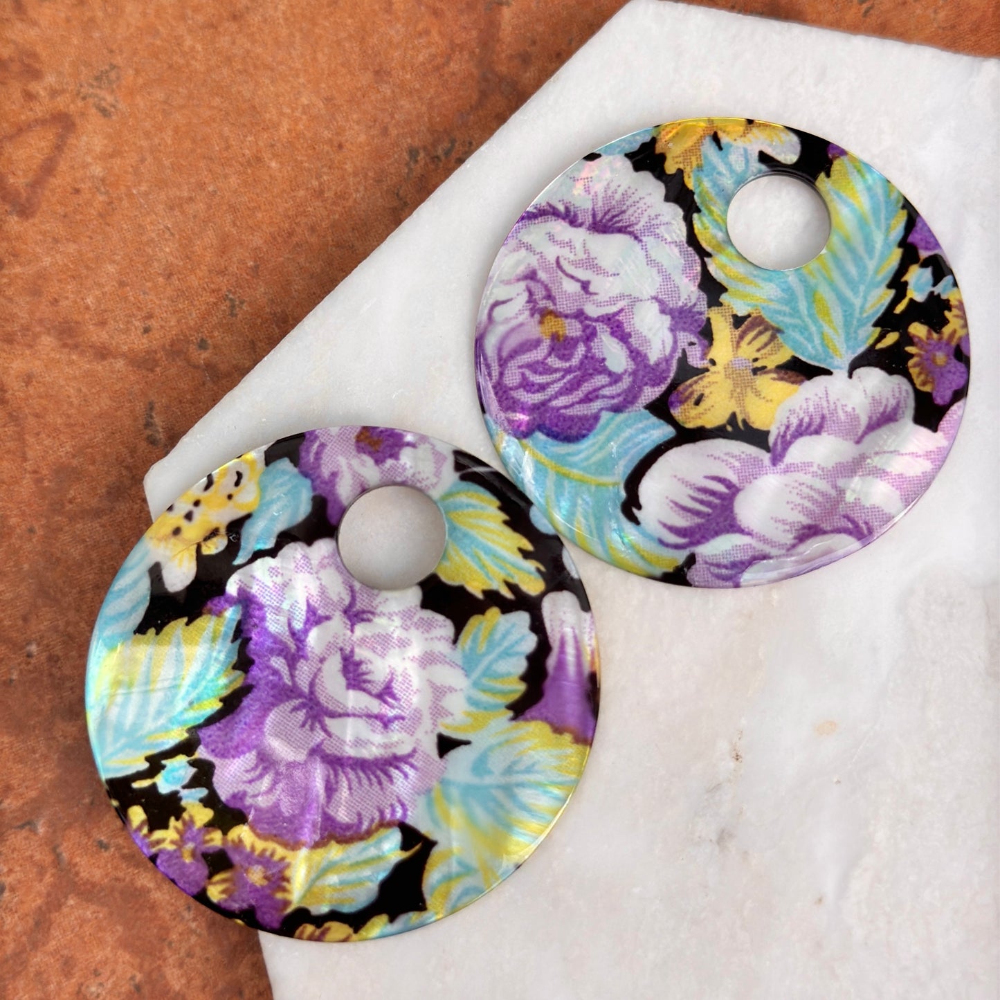 Estate Genuine Mother of Pearl Floral Painted Round Earring Charms