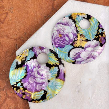Estate Genuine Mother of Pearl Floral Painted Round Earring Charms