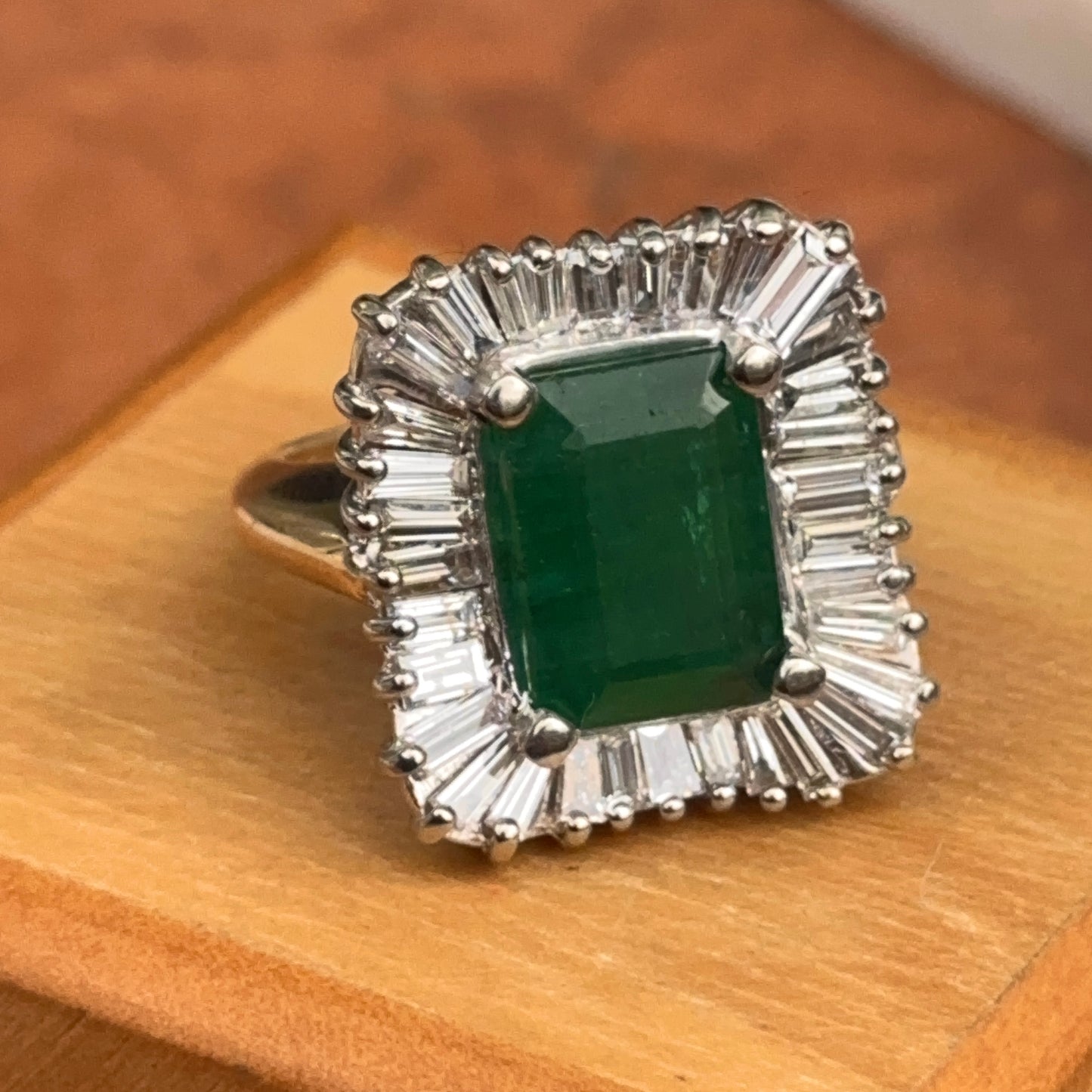 Estate 14KT Yellow + White Gold Emerald-Cut Emerald + Ballerina Diamond Ring
