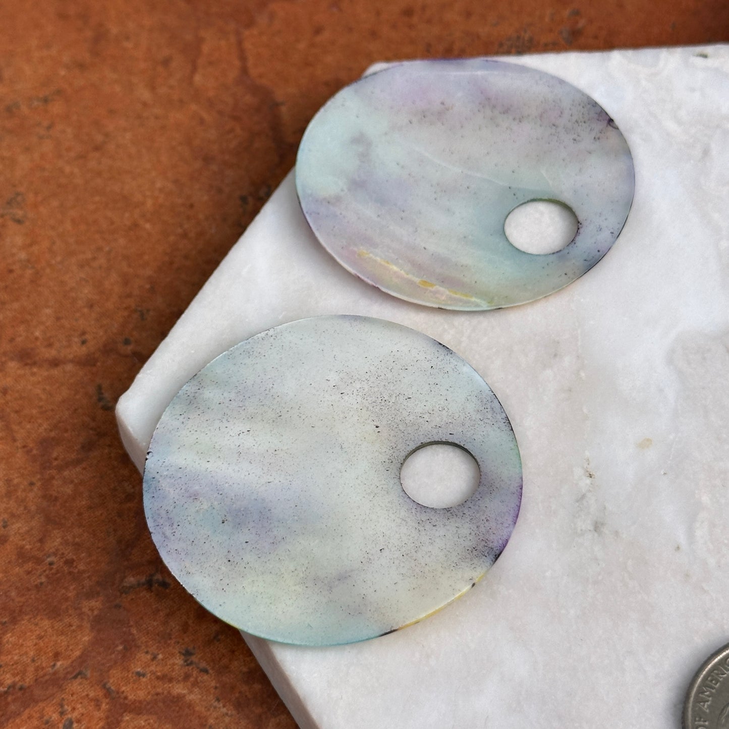 Estate Genuine Mother of Pearl Floral Painted Round Earring Charms