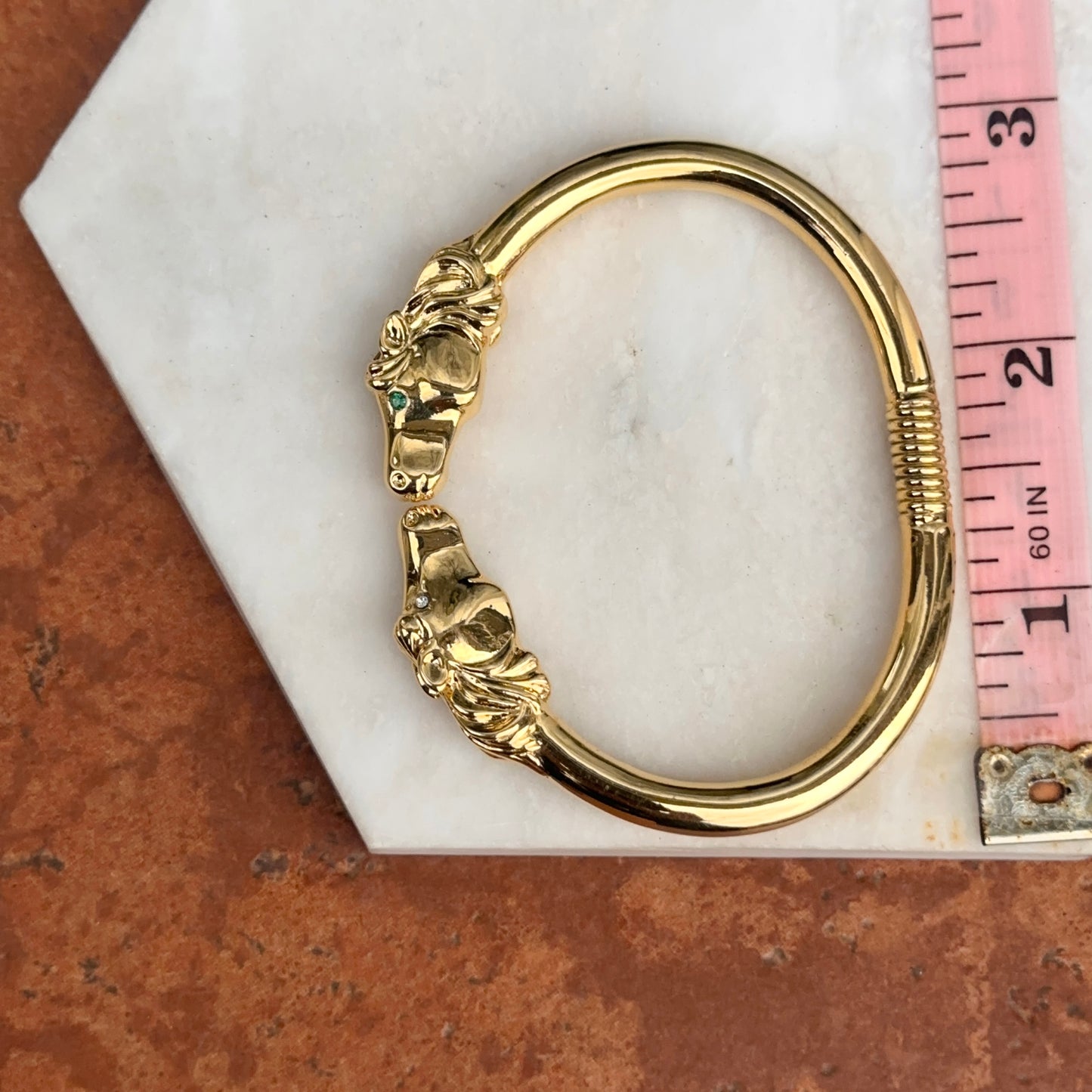 Estate Yellow Gold Tone Double Horse Head + Green White Eyes Cuff Bracelet