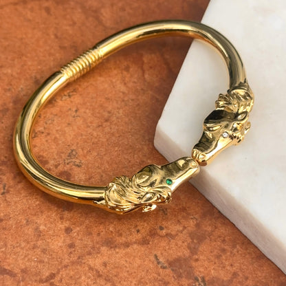 Estate Yellow Gold Tone Double Horse Head + Green White Eyes Cuff Bracelet