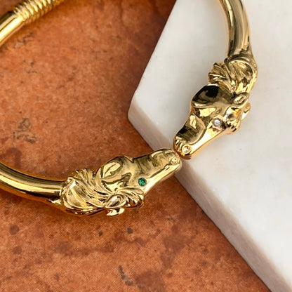 Estate Yellow Gold Tone Double Horse Head + Green White Eyes Cuff Bracelet