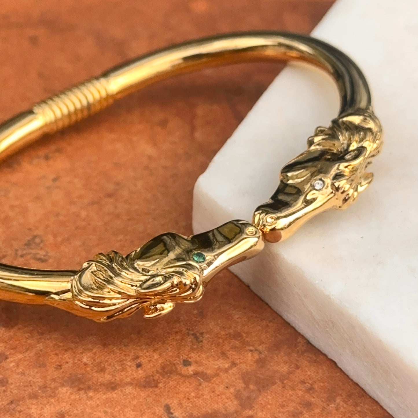 Estate Yellow Gold Tone Double Horse Head + Green White Eyes Cuff Bracelet