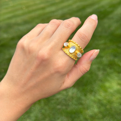 Yellow Gold-Plated Oval Mother of Pearl Byzantine Ring