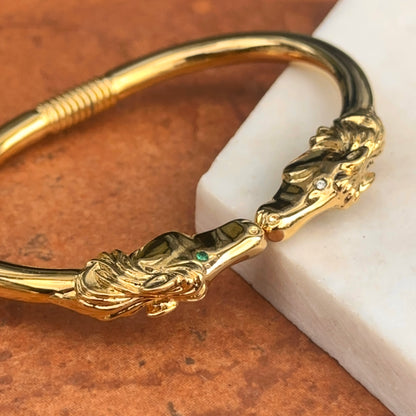 Estate Yellow Gold Tone Double Horse Head + Green White Eyes Cuff Bracelet