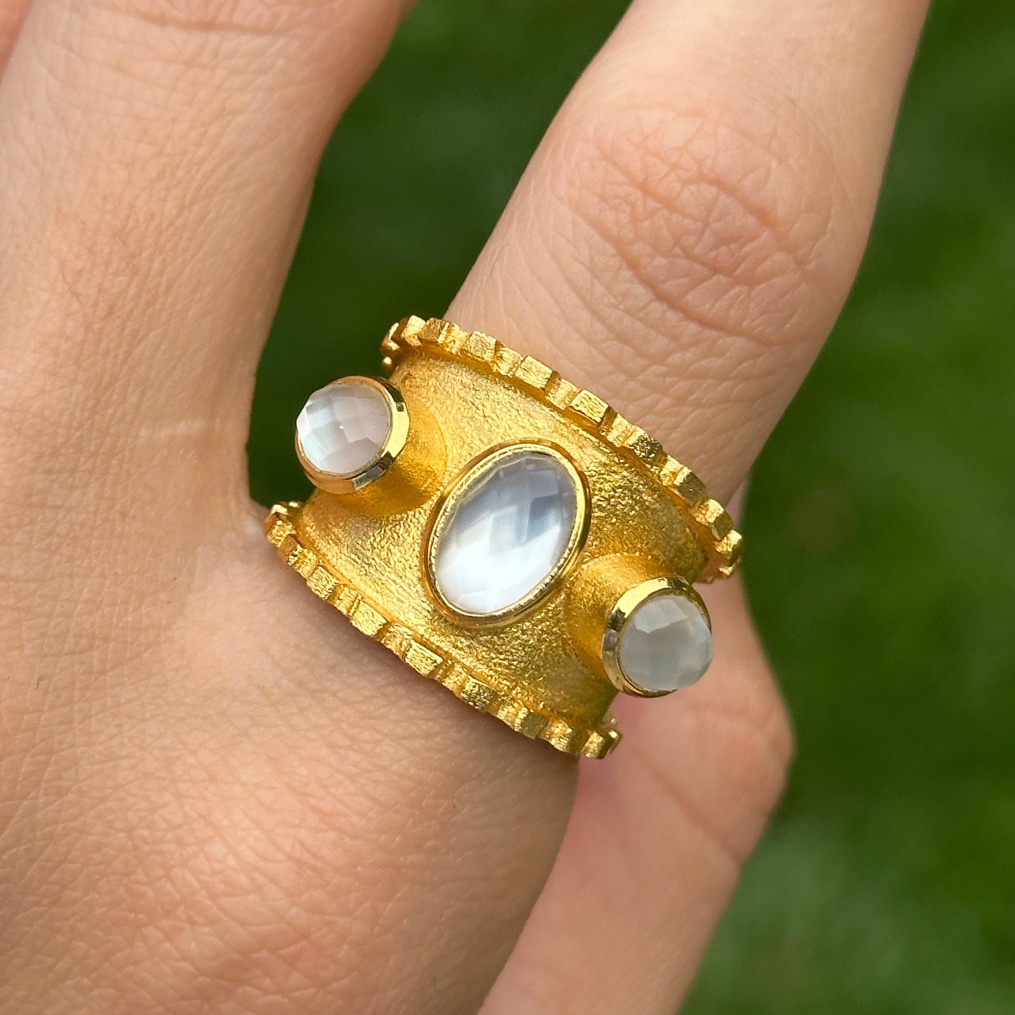 Yellow Gold-Plated Oval Mother of Pearl Byzantine Ring