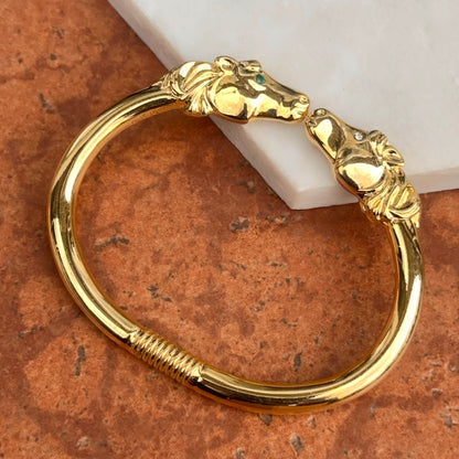 Estate Yellow Gold Tone Double Horse Head + Green White Eyes Cuff Bracelet