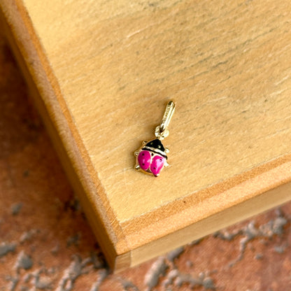 14KT Yellow Gold Magenta Pink Enamel Ladybug Pendant Charm 5mm