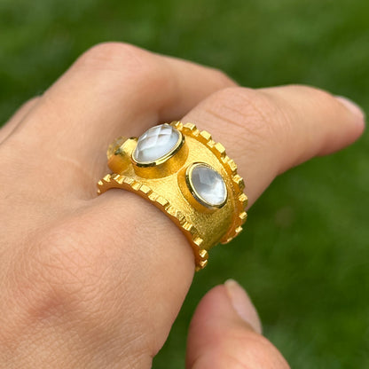 Yellow Gold-Plated Oval Mother of Pearl Byzantine Ring