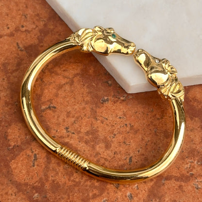 Estate Yellow Gold Tone Double Horse Head + Green White Eyes Cuff Bracelet