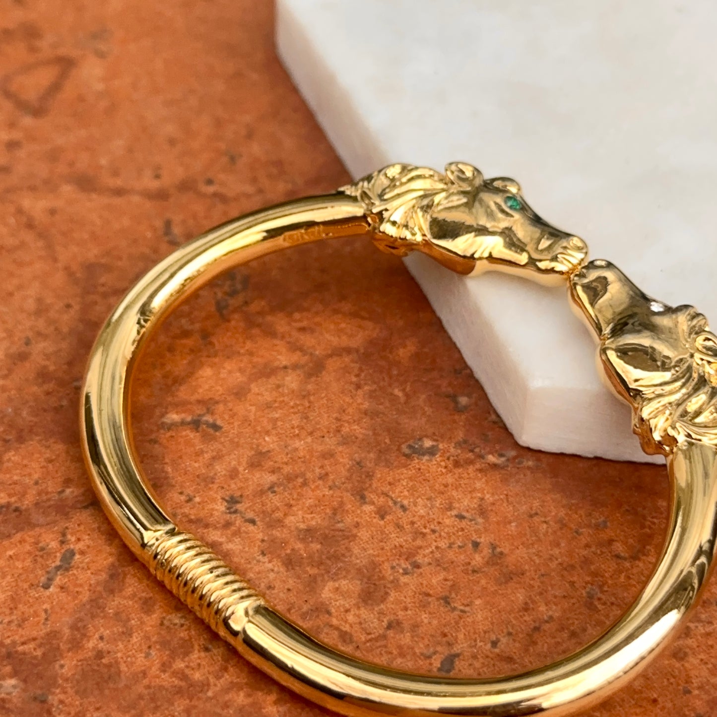 Estate Yellow Gold Tone Double Horse Head + Green White Eyes Cuff Bracelet