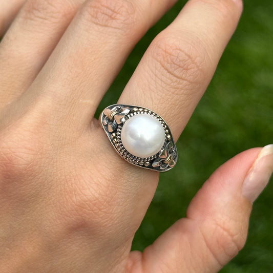 Sterling Silver + 14K Yellow Gold Pearl Fleur De Lis Ring Size 10
