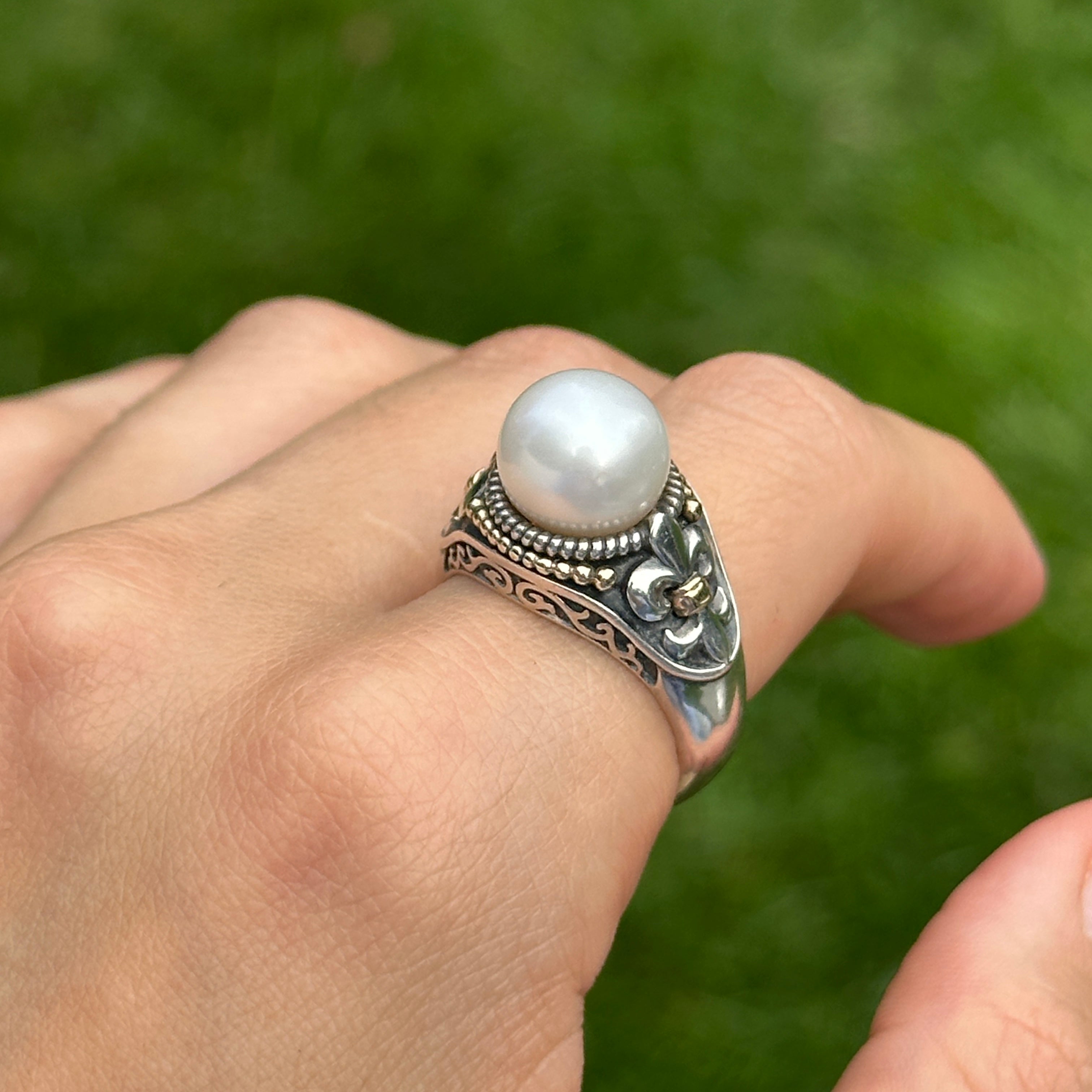 Sterling Silver + 14K Yellow Gold Pearl Fleur De Lis Ring Size 10
