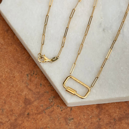 14KT Yellow Gold Rectangle Carabiner Charm Holder Paper Clip Necklace