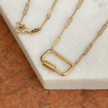 14KT Yellow Gold Rectangle Carabiner Charm Holder Paper Clip Necklace