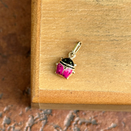 14KT Yellow Gold Magenta Pink Enamel Ladybug Pendant Charm 7mm